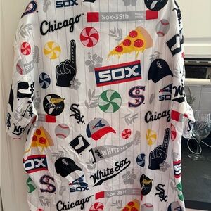 SO Men's Graphic Casual Button Down Shirt - White with Multicolor Sports Theme